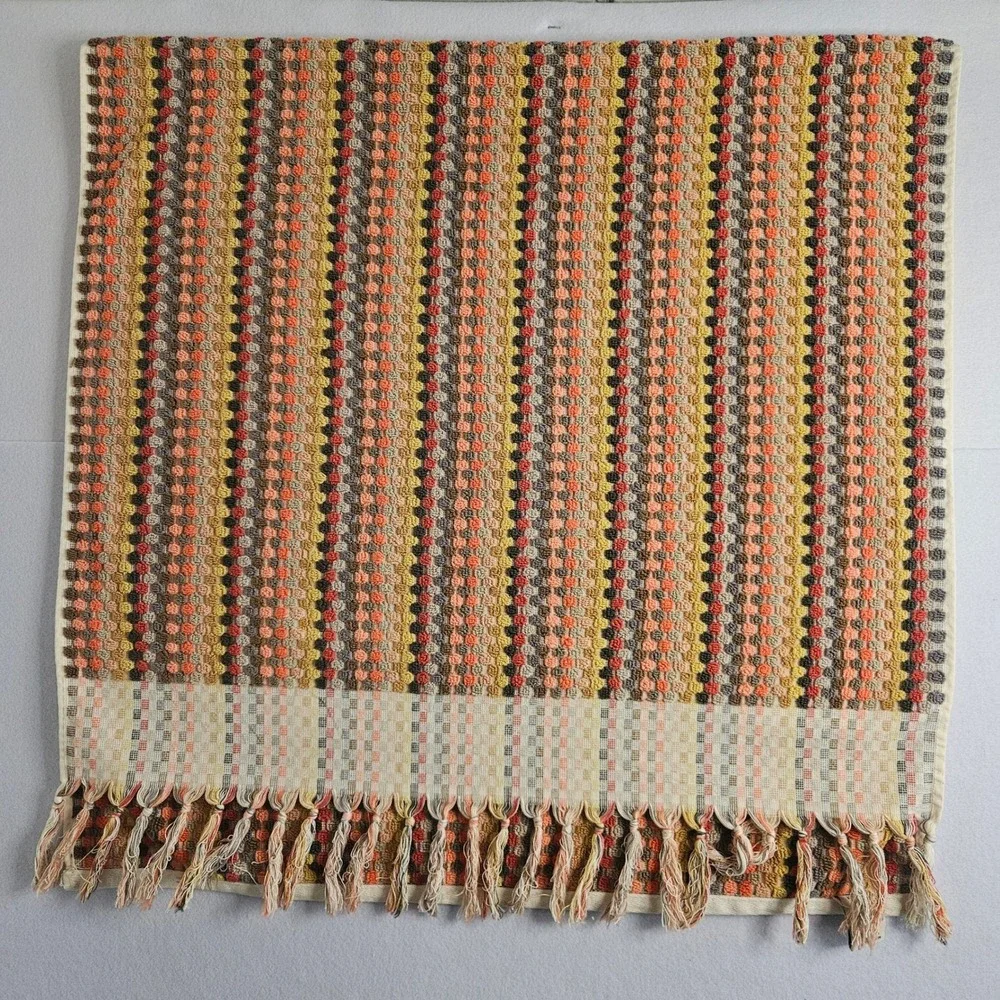 World Market Cotton Bath Towel Striped Dot Texture Fringe Orange Yellow 28x54